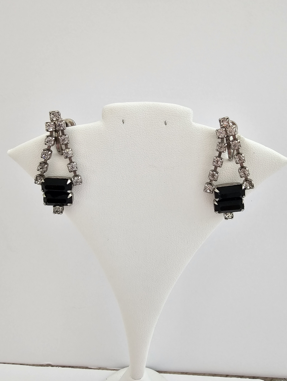 Mid-Century Black Glass Baguette & Clear Crystal Drop Earrings Screwback